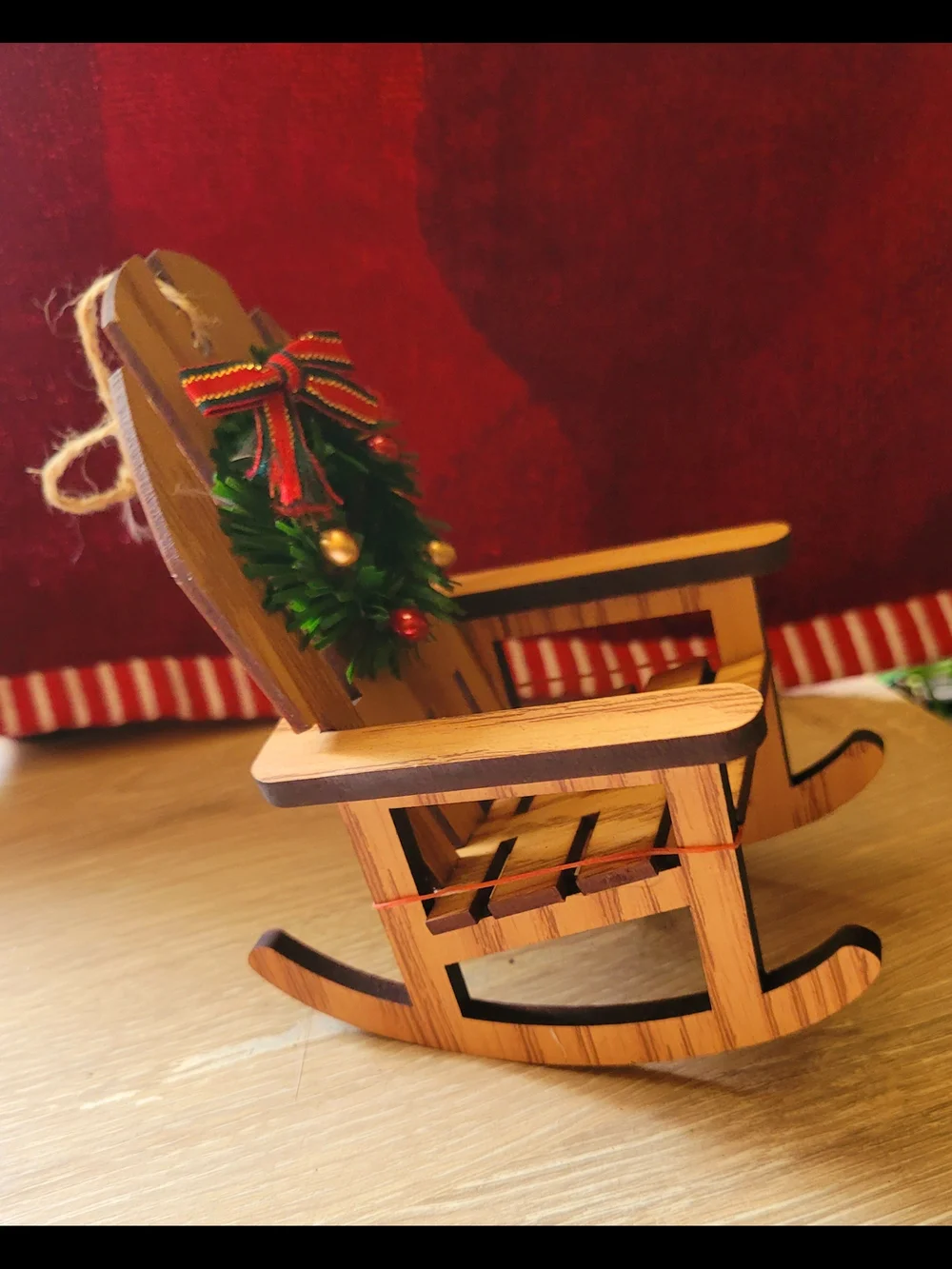 Pier 1 Mini Wooden Rocking Chair Ornament with Green Wreath and Red-Gold Bow